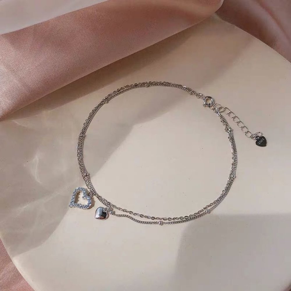 NEW 925 Sterling Silver Diamond Heart Layer Anklet - Picture 3 of 12